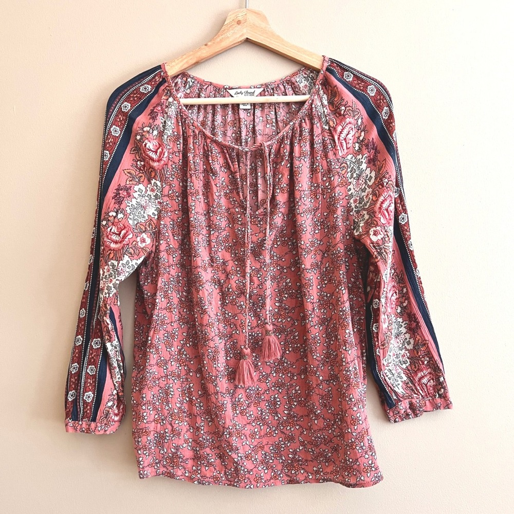 Lucky Brand Medium Coral Floral Tassel Peasant Boho Blouse Long Sleeve Top